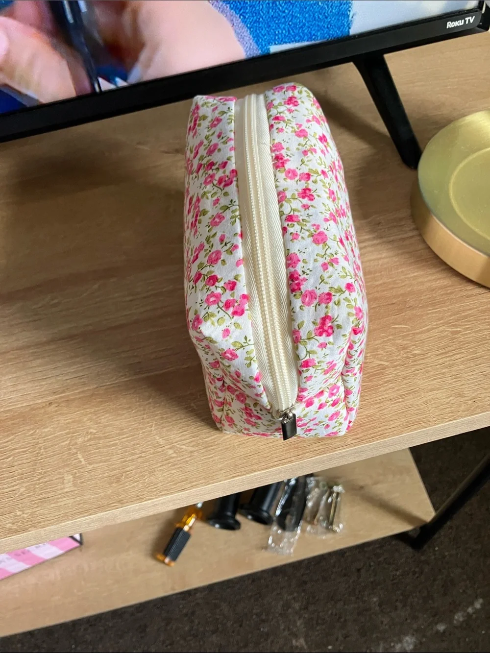 Floral Pink Canvas Cosmetic Pouch - Quilted Travel Bag